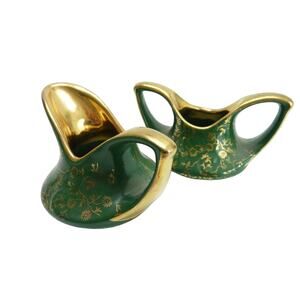 Vintage Pearl China Co. 22Kt Green & Gold Small Cream and Sugar Bowl